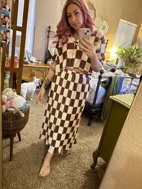 Dressed in Lala Brown & Cream Checkerboard Midi Skirt with top